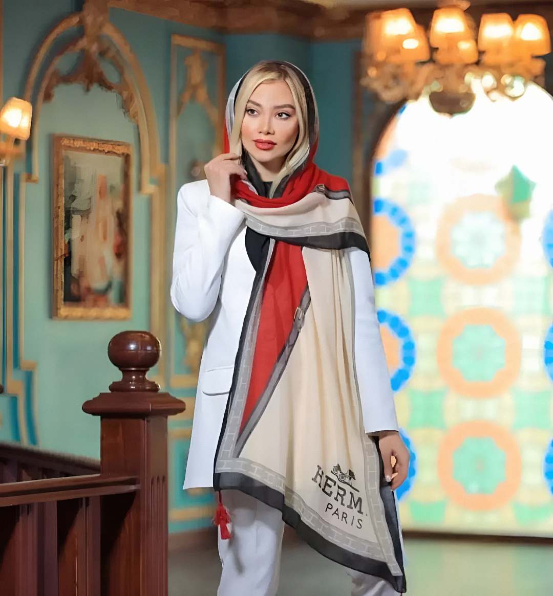 شال نخ پنبه هرمس قرمز کرم مشکی Hermès کد213