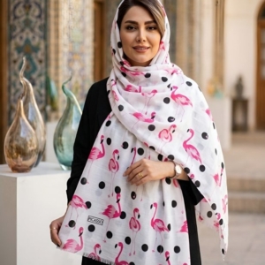شال سفید فلامینگو نخی چاپی دور دوخت