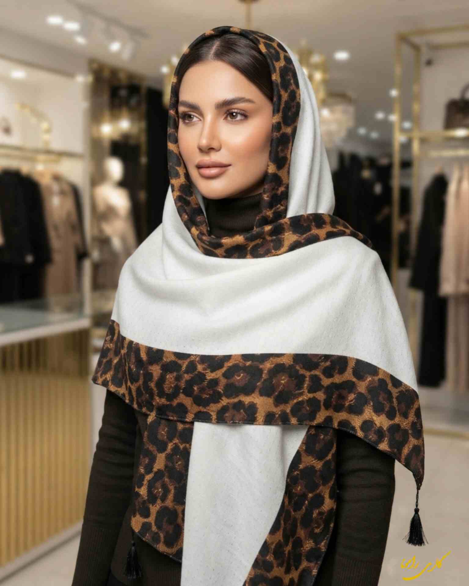 شال پلنگی نخی منگوله دار سفید کد263
